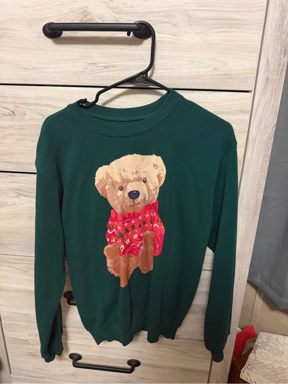 Dark Green Women's Teddy Bear Crewneck Sweater